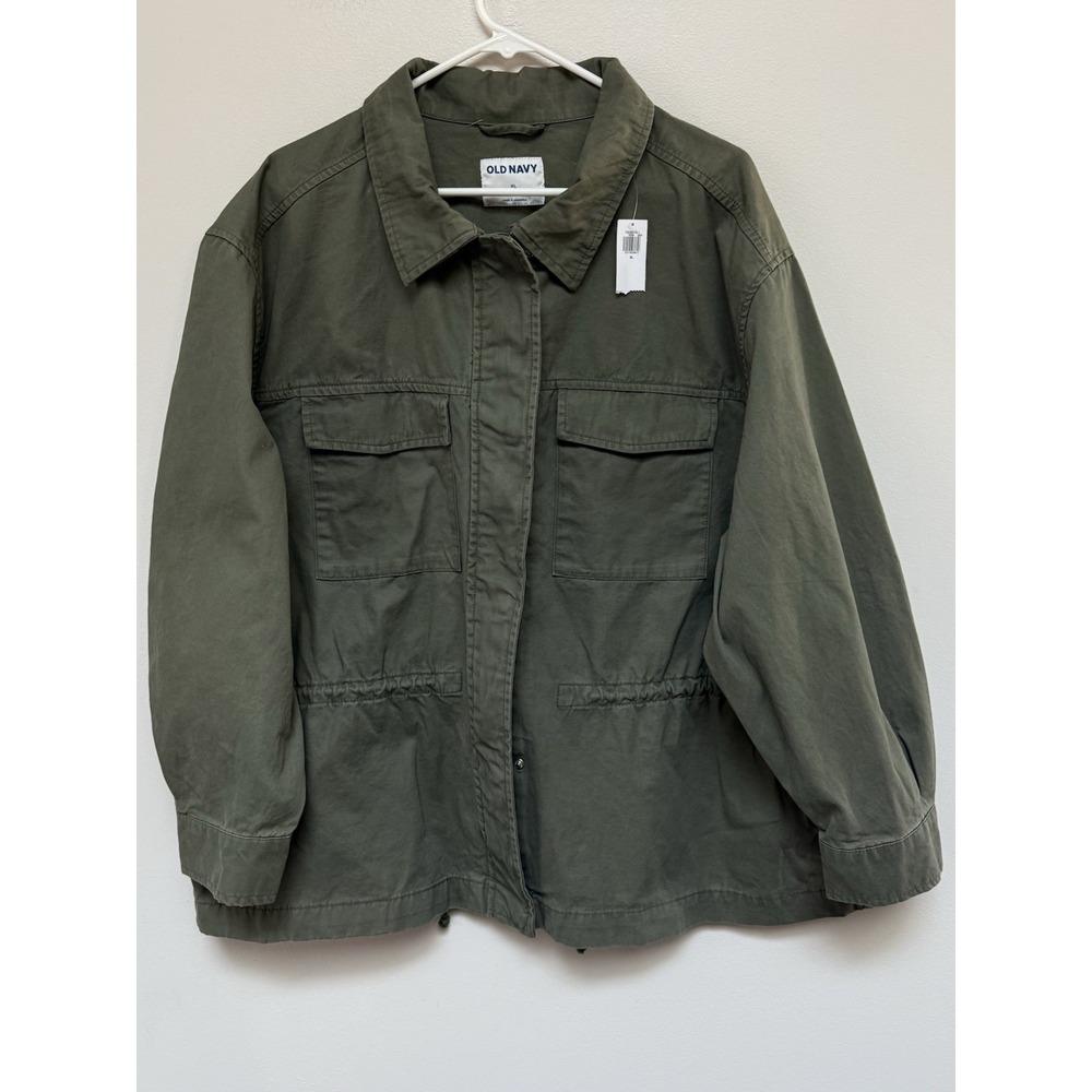 NWT OLD NAVY Womens Green Khaki Field Jacket Zip Snap Tie Waist XL